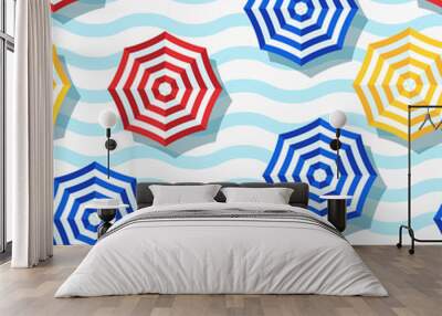 Vector seamless geometric pattern. Flat 3d style beach umbrella and wavy striped background. Wall mural