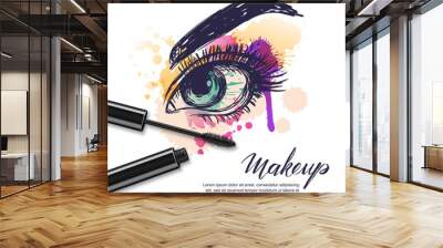 Vector watercolor sketch illustration of colorful female eye and makeup mascara. Watercolor background. Concept for beauty salon, cosmetics label, visage and makeup. Wall mural