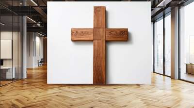 Crucifijo de madera, símbolo en forma de cruz de madera de pino lisa, fondo sólido con sombras suaves Wall mural