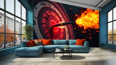 Dart hitting target with fiery explosion. Dramatic and intense imagery. Symbolizes success and focus. Digital art style for motivational and dynamic content. AI Wall mural