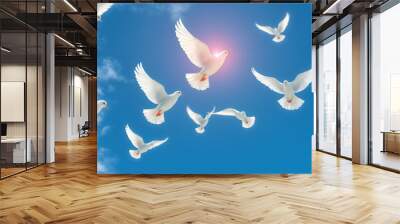 Generative AI image of white doves in the sky as a peace and spiritual symbol of Christian people Wall mural