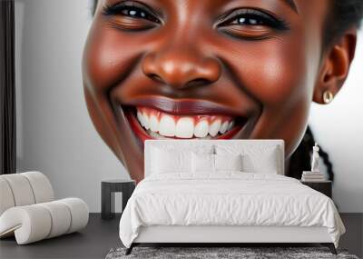 Smile of black woman with perfect white teeth. On white background. Wall mural