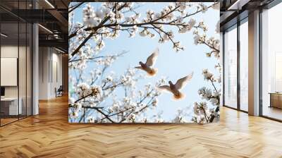 Three doves flying among blossoming tree branches under sunlight. Wall mural