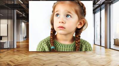 Young girl with braided hair wearing a cozy green sweater looks thoughtfully to the side against a soft white background Wall mural