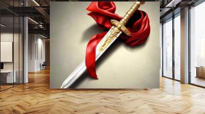 Ancient sword with red silk in orient style. Wall mural