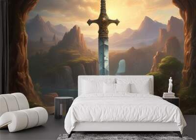 Illustration of ancient sword with landscape behind. Wall mural