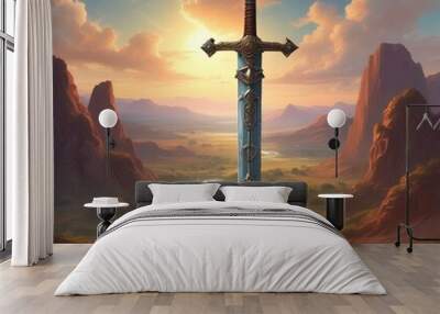 Illustration of ancient sword with landscape behind. Wall mural