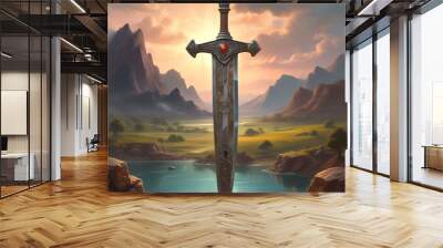 Illustration of ancient sword with landscape behind. Wall mural