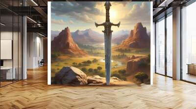 Illustration of ancient sword with landscape behind. Wall mural