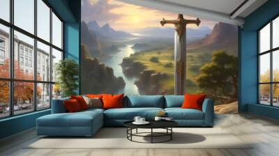 Illustration of ancient sword with landscape behind. Wall mural