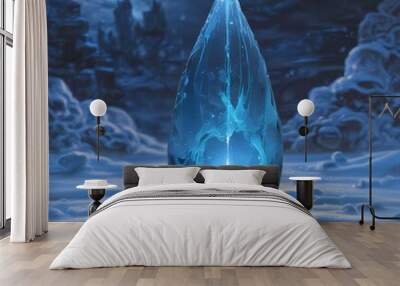 Illustration of blue glowing frozen water drop with fresh energy inside. Wall mural