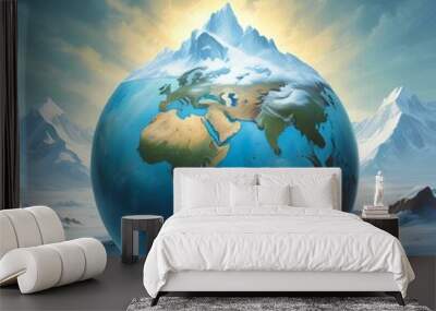 Illustration of Earth planet globe frozen in ice and snow with winter landscape. Wall mural