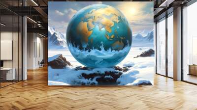 Illustration of Earth planet globe frozen in ice and snow with winter landscape. Wall mural