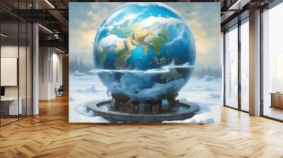 Illustration of Earth planet globe frozen in ice and snow with winter landscape. Wall mural