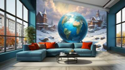 Illustration of Earth planet globe frozen in ice and snow with winter landscape. Wall mural