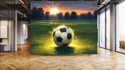 Illustration of glowing soccer ball on green grass. Wall mural