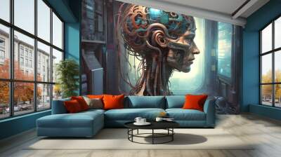 Illustration of human brain with techno parts and connections. Wall mural