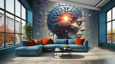 Illustration of human brain with techno parts and connections. Wall mural