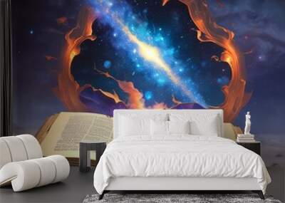 Illustration of open pages in magic book with sparks and glowing spell. Wall mural