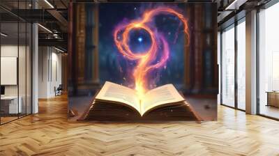 Illustration of open pages in magic book with sparks and glowing spell. Wall mural