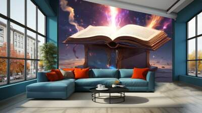 Illustration of open pages in magic book with sparks and glowing spell. Wall mural