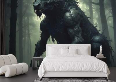 Illustration of spooky creature in woods. Wall mural