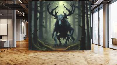 Illustration of spooky creature in woods. Wall mural