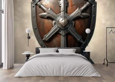 Realistic illustration of ancient shield with two swords in cross behind. Wall mural