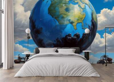 Realistic illustration of earth globe surround with black diesel oil barrel pollution. Wall mural