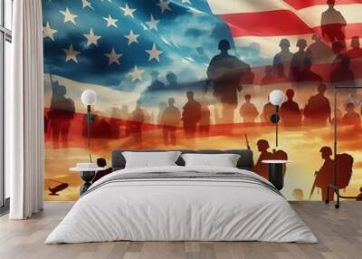 Silhouettes of soldiers and a us american flag celebrate us veterans day realistic used for printing lively attractive has illustrative. Wall mural