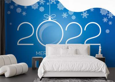 2022 new year greeting card with blue white snow christmas background vector. Blue abstract christmas background with falling snowflakes and bauble vector. Merry Christmas and Happy New Year vector Wall mural