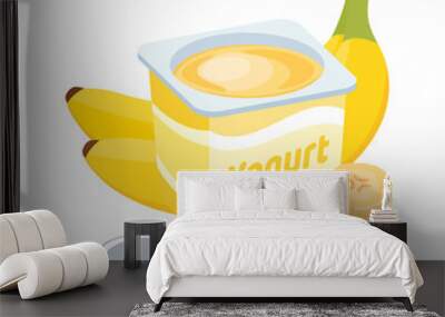 Banana yogurt plastic cup icon vector. Fruit yogurt with a spoon graphic design element isolated on a white background. Delicious yellow banana yoghurt vector illustration Wall mural