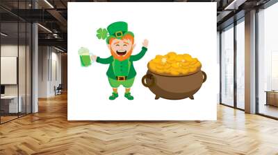 Cheerful leprechaun with a pot of gold and mug of green beer icon vector. Happy St. Patrick's Day icon. Laughing cute leprechaun with a pot of gold coins and beer icon isolated on a white background Wall mural