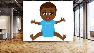 Cute little african american baby boy in blue clothes icon vector. Smiling baby boy icon isolated on a white background. African baby big eyes cartoon character Wall mural