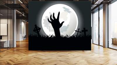 Dark spooky background with zombie hand and shining full moon vector illustration. Halloween night scary background with zombie hand, cemetery and moon. Template for background, banner, card Wall mural