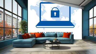 Data Protection Day vector. Protected laptop with lock blue icon vector. Laptop computer and world map graphic design element isolated on a white background. January 28. Important day Wall mural