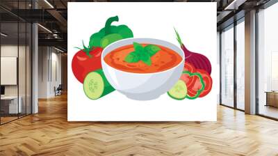 Gazpacho cold vegetable soup in bowl icon vector. Delicious classic spanish soup with tomatoes, peppers, cucumbers, onion and basil icon vector isolated on a white background. Bowl of soup drawing Wall mural