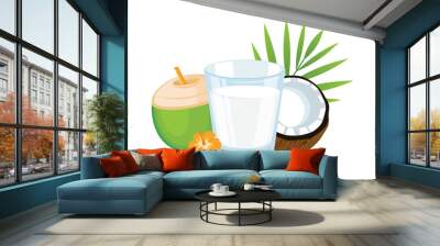 Glass of coconut milk vector illustration. Plant-based milk alternatives drawing. Glass of coconut water and fresh coconut half vector. Vegetable milk, brown and green halved coconut vector Wall mural