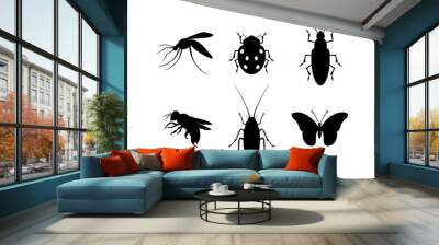 Insect black silhouette icon set vector. Different types of insects vector. Bugs icon isolated on a white background. Insect clip art Wall mural