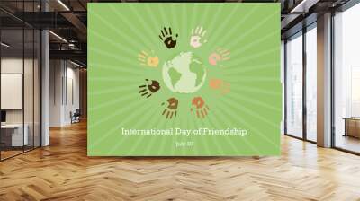 international day of friendship vector. color hand print picture. handprints on a green background.  Wall mural