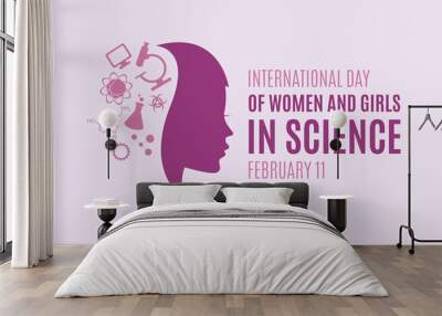 International Day of Women and Girls in Science illustration. Science icon set. Young woman face profile purple silhouette illustration. Important day Wall mural