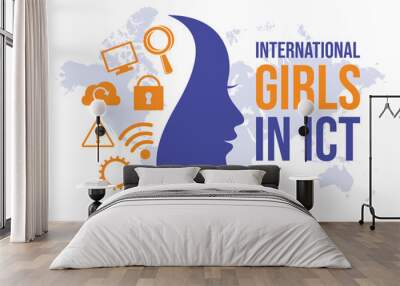 International Girls in ICT Day vector illustration. Woman face in profile purple silhouette vector. Information and communications technology icon set. Important day Wall mural