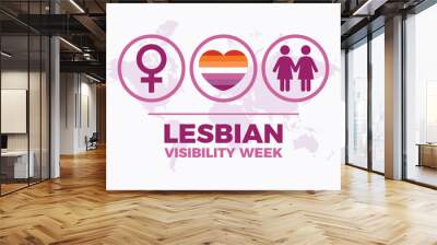 Lesbian Visibility Week poster vector illustration. Lesbian pride flag in heart shape, female gender symbol and couple of women icon vector. Template for background, banner, card. Important day Wall mural