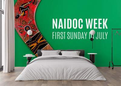 NAIDOC Week stock images. Australian holiday. Boomerang detail on a green background images. Celebration of Indigenous Peoples. NAIDOC Week Poster, first Sunday in July. Important day Wall mural