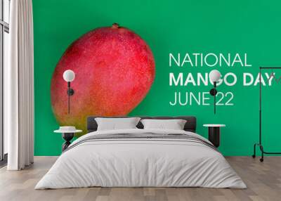 National Mango Day stock images. Whole ripe mango isolated on a green background stock photo. Mango Day Poster, June 22.  Important day Wall mural