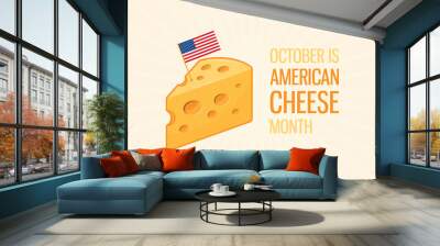 October is American Cheese Month vector. Piece of cheese with american flag vector. Cheese with holes icon isolated on a yellow background Wall mural