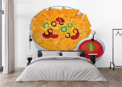 Plate of nacho chips with salsa sauce icon vector. Mexican corn tortilla chips with peppers, olives, beans and cheese icon vector. Mexican food icon isolated on a white background Wall mural