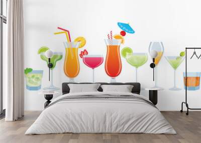 Various colorful cocktails drinks in a row vector illustration. Different types of alcoholic drinks icon set isolated on a white background. Alcoholic mixed drink graphic design element Wall mural