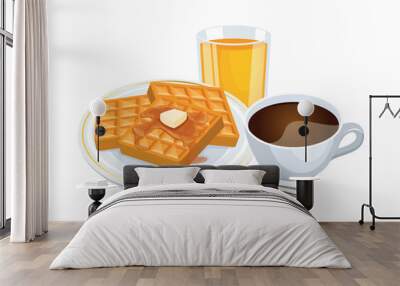 Waffle, cup of coffee and orange juice drink vector illustration. Cup of coffee and waffles with syrup icon set vector isolated on a white background. Sweet breakfast still life Wall mural