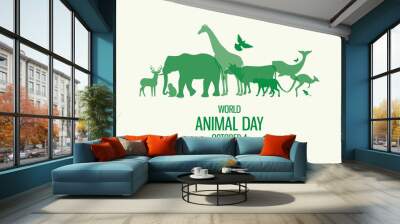 World Animal Day Poster with green silhouettes of wild animals icon vector. Wild animals silhouette set. Environmenta icon vector. Group of animals icon. Animal Day Poster, October 4. Important day Wall mural